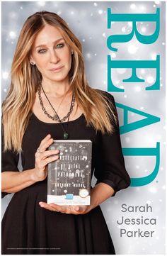 a woman holding a book in front of a white background with snowflakes on it