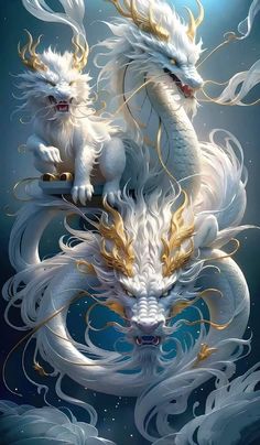 two white dragon like creatures with gold accents on their heads and tails, against a dark blue background