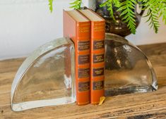 two orange books sitting on top of a wooden table next to a vase filled with green plants