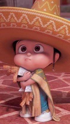 a cartoon character wearing a sombrero and holding a small item in his hand