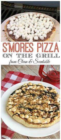 there is a pizza with marshmallows on it and the words smores pizza on the grill