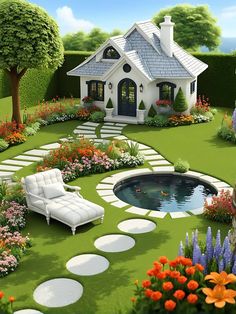 a small house with a pool surrounded by flowers