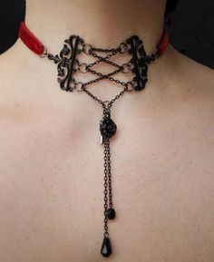 Gothic.  Do you desire to stand out of the crowd and let your very own personality shine through? Red And Black Necklace, Corset Victorian, Deep Red Velvet, Gothic Choker, Neck Corset, Gothic Chokers, Goth Jewelry, Silver Necklace Statement, Jewel Necklace