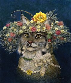 a painting of a cat wearing a flower crown on top of it's head