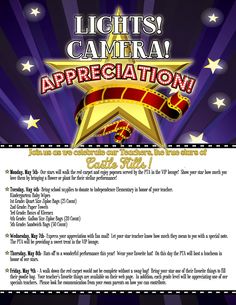 an advertisement for the lights camera appreciation program, which is written in gold and red