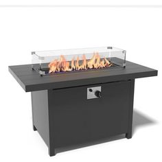 an outdoor fire pit with flames burning on the top and bottom part, in front of a white background