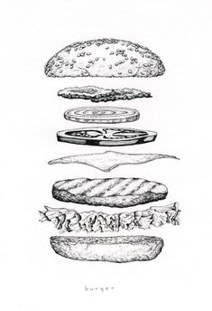 an ink drawing of hamburgers and buns