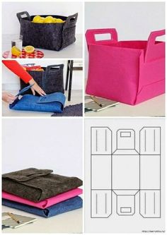 four pictures showing different ways to fold fabric into storage bins for clothes and other items