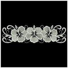 a white lace trim with flowers on a black backgrounge background, suitable for sewing or appliques