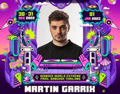 a man standing in front of a purple background with an advertisement for martin garrix