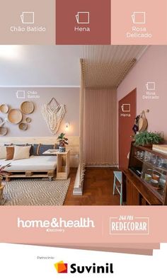 a living room with pink walls and wood flooring is featured in the ad for suvini