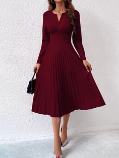 Burgundy Elegant Collar Long Sleeve Knitted Fabric Plain A Line Embellished Slight Stretch  Women Clothing Sukienki Plus Size, Notched Neckline, Camisole Dress, Formal Dresses For Women, Women Midi, Women Maxi, Floral Pants, Loungewear Set, Hem Dress