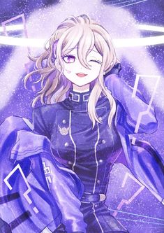 an anime character with long blonde hair and blue eyes, standing in front of a purple background