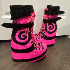 Please Note: One Of The Boots Has One Of The Lace D-Ring Pieces Detached. It��’s Probably An Easy Fix Tho. See Pics. These Are Otherwise In Brand New Condition. Doll Kill Shoes, Outfit Ideas For Ocs, Neon Punk Fashion, Scene Shoes, Dolls Kill Shoes, Goth Shoes, Scene Outfits, Cute Shoes Heels, Funky Shoes