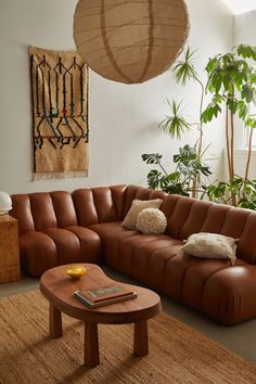 a living room filled with lots of furniture next to a large potted plant on top of a wooden table