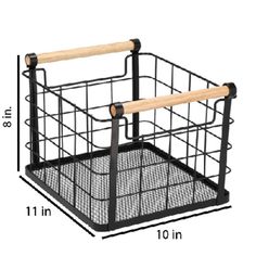 a wire basket with two wooden handles on the top and bottom, measurements for each side