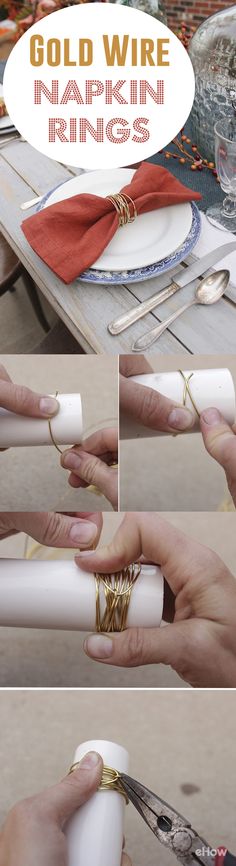 there is a collage of photos showing how to use gold wire on napkins