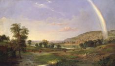 a painting of a rainbow in the sky over a river with cattle grazing on it