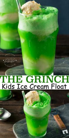 the grinch kid's ice cream float is made with green liquid and whipped cream