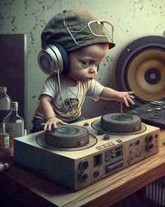 a young child wearing headphones playing with a dj's turntable and mixing equipment