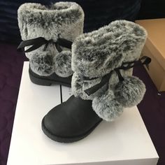 **Nwt Sz 5 Black W/Grey Faux Fur & Pom Pom** Cute Leather Boots For Winter, Gray Round Toe Booties For Winter, Gray Round Toe Winter Booties, Black Faux Fur Boots With Round Toe, Cute Leather Winter Boots, Gray Round Toe Winter Boots, Pom Pom Boots, Glitter Combat Boots, Sparkly Boots