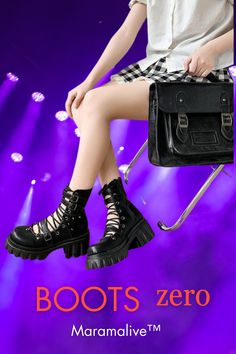 Step into gothic glamour with our daring hollow-out platform boots. These edgy British-style boots are tough, durable, and have a fun, energetic vibe. Gothic Lace-up Platform Boots For Cosplay, Punk Style Lace-up Platform Mid-calf Boots, Punk Martin Boots With Chunky Platform And High Heel, Alternative Black Lace-up Boots With Chunky Platform, Black Harajuku Style Lace-up Boots, Punk Style Martin Boots With Platform High Heel, Black Harajuku Platform Boots With Round Toe, Harajuku Style Black Platform Boots With Round Toe, Black Harajuku Platform Boots For Winter