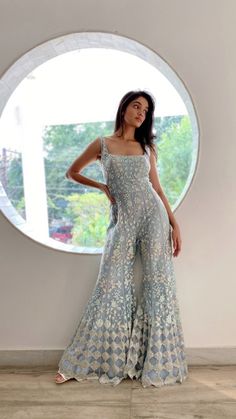 Traditional Latest Outfits, Western Traditional Dresses, Indian Bridal Pantsuit, Flair Jumpsuit Outfit, Indian Bridal Jumpsuit, Partywear Jumpsuits For Women, Jumpsuit Indian Outfit, Jumpsuit Outfit Indian, Indian Jumpsuit Wedding