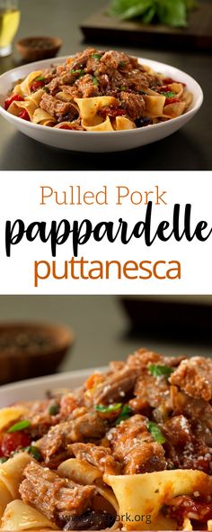 pulled pork pappatelle puttanesca in a white bowl