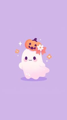 a cartoon ghost with a pumpkin on top of it's head and flowers in its hair