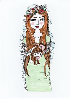 a drawing of a woman with long hair holding a cat and wearing a flower crown