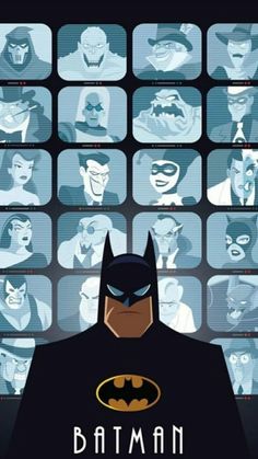 the batman movie poster is shown in front of many television screens and characters on them