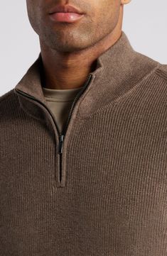 Shaker stitching brings a lofty feel to this sporty quarter-zip sweater knit from cashmere-kissed cotton yarn. Quarter-zip closure Stand collar Long sleeves Ribbed cuffs and hem 95% cotton, 5% cashmere Machine wash, dry flat Imported Casual Men Clothes, Mens Quarter Zip Outfit, Mens Quarter Zip Sweater Outfit, Man Winter Fashion, Quarter Zip Pullover Outfit, Quarter Zip Outfit Men, Quarter Zip Outfit, Mens Business Casual Outfits, Cashmere Sweater Men