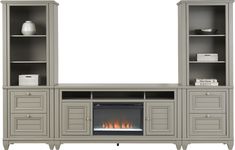 an entertainment center with built - in fireplace and bookcases