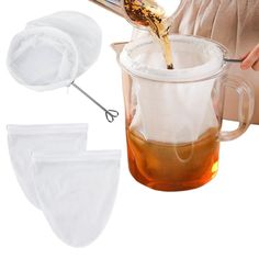 a person pouring tea into a cup with three bags on the side and a spoon in it