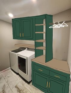 an image of a kitchen being remodeled with green cabinetry and white stove top oven