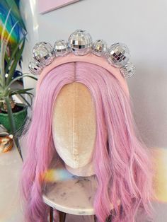 Disco ball headband.  On a super comfy, baby pink Alice band Tiara Party, Alice Rose, Disco Mirror, Blue Scrunchie, Jeweled Headband, Pink Headbands, Alice Band, Mirror Ball, Flower Spray