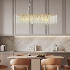 a dining room table with chairs and a chandelier hanging from the ceiling