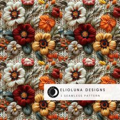 an orange and red flowered knitted material with the words sequina designs on it