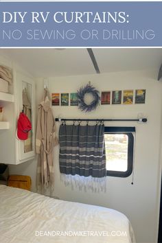 a bed sitting next to a window in a room with pictures on the wall above it