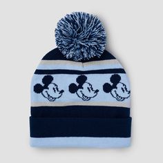 Keep your little one's head warm throughout the cool-weather months with this Mickey Mouse Beanie with Pom. Designed with a fluffy pompom top, this blue, black and gray beanie hat features stripes and a warm and cozy knitted construction with graphics of Mickey Mouse for a cute Disney-themed look. The rolled cuff detail lends a snug fit around their head, while the pull-on style makes it easy to wear. Gray Beanie, Beanie With Pom, Grey Beanie, Floral Knit, Cotton Hat, Cuff Detail, Acrylic Fabric, Scarf Hat, Pom Beanie