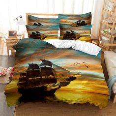 a bed with a pirate ship on it