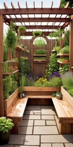 an outdoor garden with wooden benches and plants