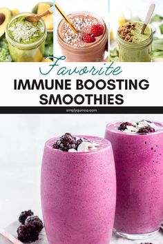 two glasses filled with smoothie next to each other and the words favorite immune booster