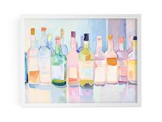 a painting of many different colored bottles