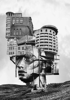 a black and white photo of a person's face with buildings in the background