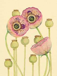 watercolor painting of pink flowers with green stems