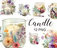 candles with flowers and leaves on them are displayed in different sizes, shapes and colors