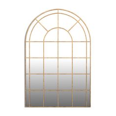 an arched window with gold frame and mirror on the wall, isolated against a white background