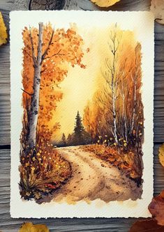 a watercolor painting of a dirt road in the fall with leaves around it and an autumn scene