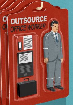 an illustration of a man in a suit standing next to a red box that says outsource office worker